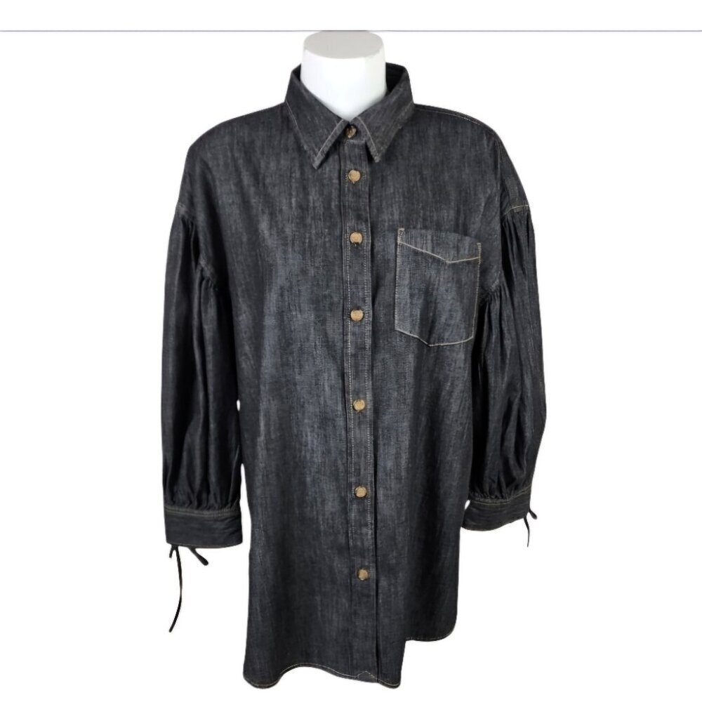 Lauren Ralph Lauren Black Label Denim Puffy Sleeve Top Black Size Large Preppy